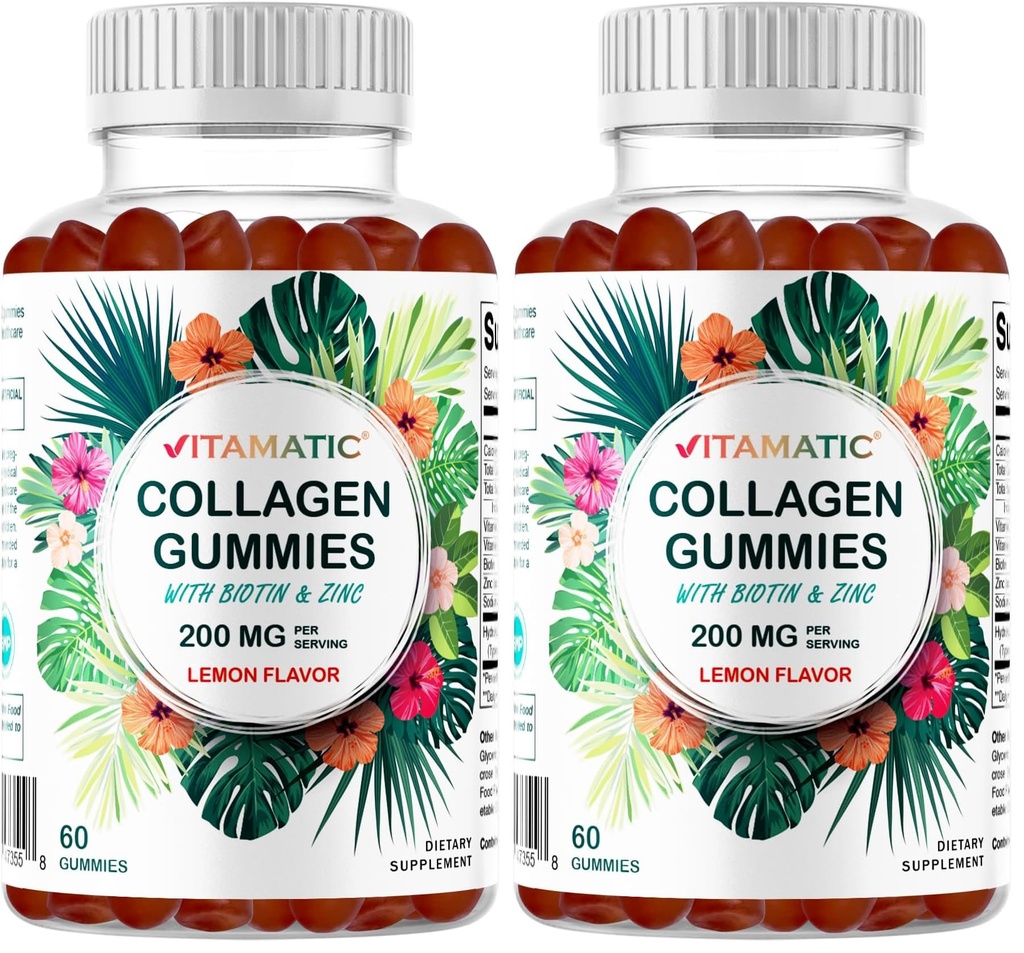 Vitamatic Hydrolyzed Collagen Gummies with Vitamin C, Zinc and Biotin, 200 mg - Healthy Skin Support - 60 Gummies (Pack of 2)
