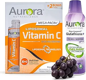 Vida Lifescience Aurora Nutrascience Mega Liposomale Glutathion, 750 mg, en vitamine C, 3.000 mg, Immuunondersteuning en antioxidant bundel
