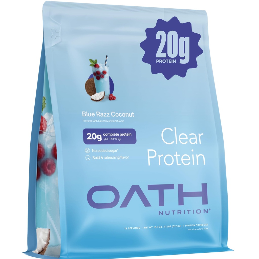 Oath Nutrition Clear Whey Isolate Protein Powder, Blue Razz Coconut, 20g Complete Protein per Serving, No Added Sugar, Grass-Fed, 18 Servings