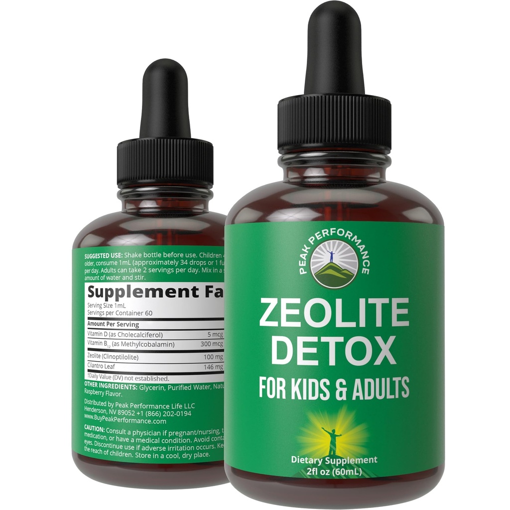 Zeolite Detox for Kids & Adults with Cilantro - Volcanic Mineral from Idaho USA - Zeolite Clinoptilolite Liquid Drops Gentle Cleanse Supplement with Vitamins B12 & D - Support Focus, Energy, Speech
