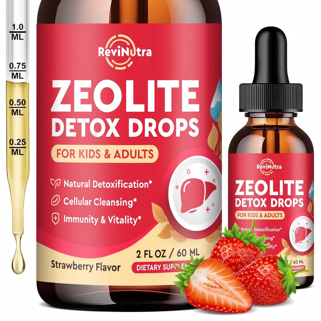 Zeolite Detox for Kids and Adults, Clinoptilolite Zeolite Liquid Drops with Chlorella, Magnesium, Zinc, Methy Vitamin B12 & D3, Gut Liver Detox Cleanse, Immunity, Strawberry Flavor 2 Fl Oz