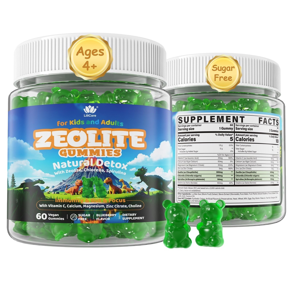 Zeolite Gummies for Kids & Adults, Sugar Free Zeolite Detox Supplements w/ Chlorella, Spirulina, Minerals, Choline - Gentle Body Detox & Cleanse, Gut Health, Immune, Focus, Energy, Bone, Vegan, 60cts