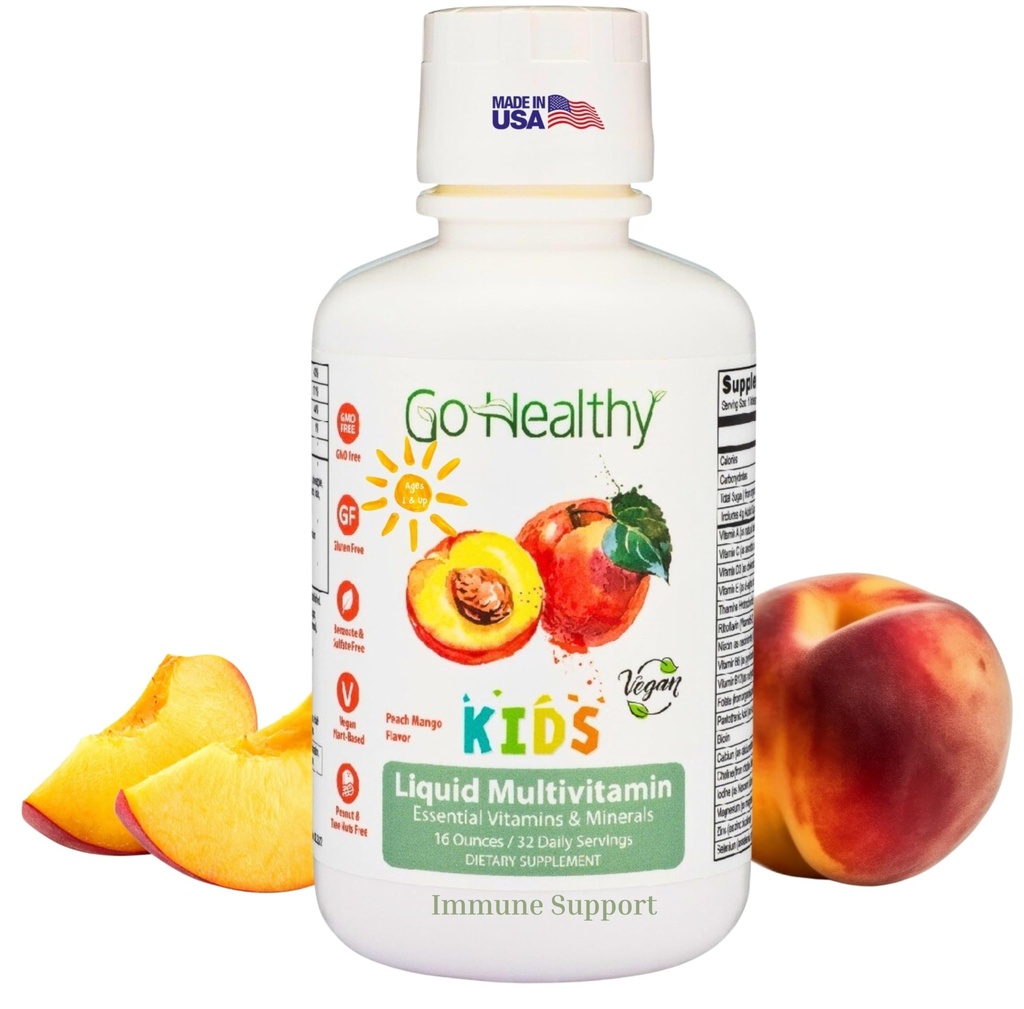 Go gezonde kinderen vloeibare multivitamine, Immuun ondersteuning, Kid vloeibare multivitaminen, hoge absorptie Vegan vitamines, Kids vitamines Multivitamine Peach Mango - 30-60 porties