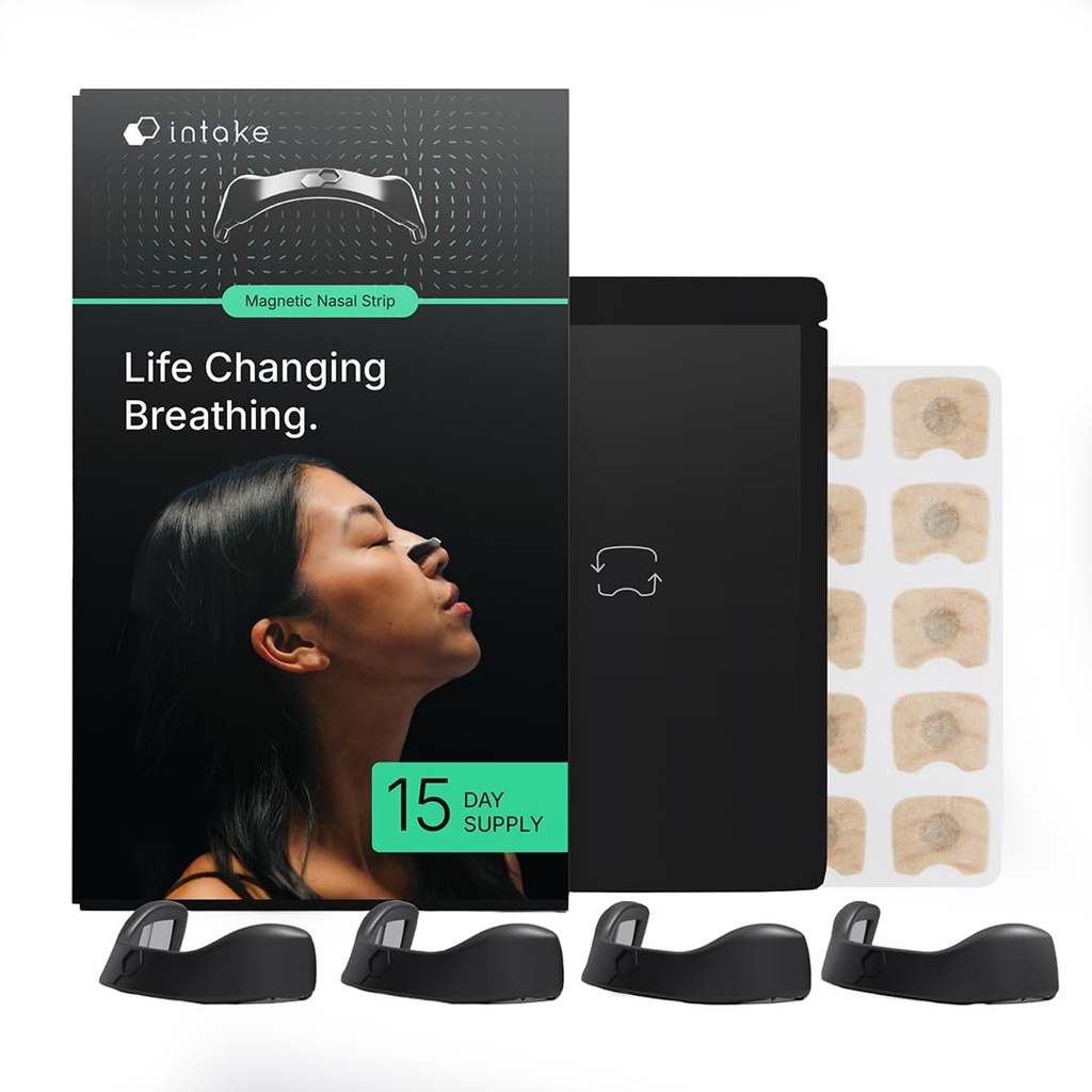 Intake Breathing — Magnetic Nasal Strips Starter Kit | Reusable Band + Tabs | Nasal Strips for Sleep, Snoring, Breathing & Sports | Stronger Lift Than Traditional Nose Strips | 4 Sizes, 15 Tabs, Black