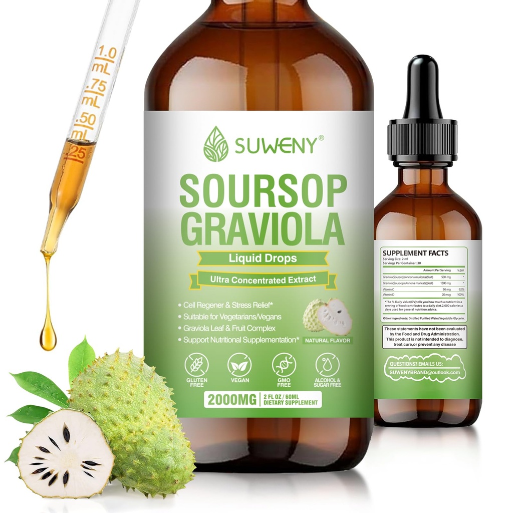 Organic Soursop Graviola Liquid Drops 2000mg | Natural Leaf Extract for Cell Support, Antioxidant & Immune Health Boost | Non-GMO, Vegan Friendly Natural Flavor (1)