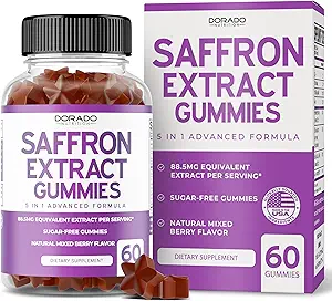 Saffron Supplements (60 Gummies) Premium Saffron Gummies - Sugar Free Gummy 88.5mg Equivalent Extract - 5 in 1 Advanced Formula - Delicious Raspberry Flavor - Non GMO - Vegan & USA Made