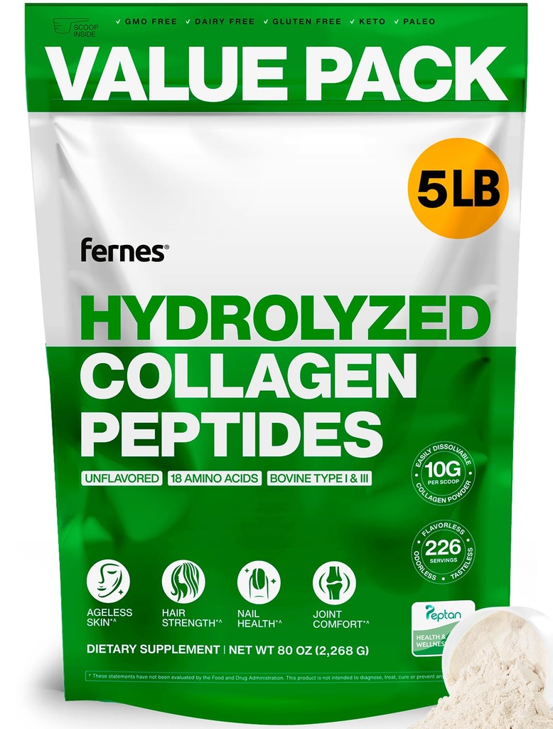 Collagen Powder for Women Men (5LB) Type I & III Flavorless & Odorless Easy-Mix Hydrolyzed Peptan Protein Peptides Joint Hair Skin & Nail Support Gluten-Free Non-GMO Keto Paleo Grass-Fed Kosher