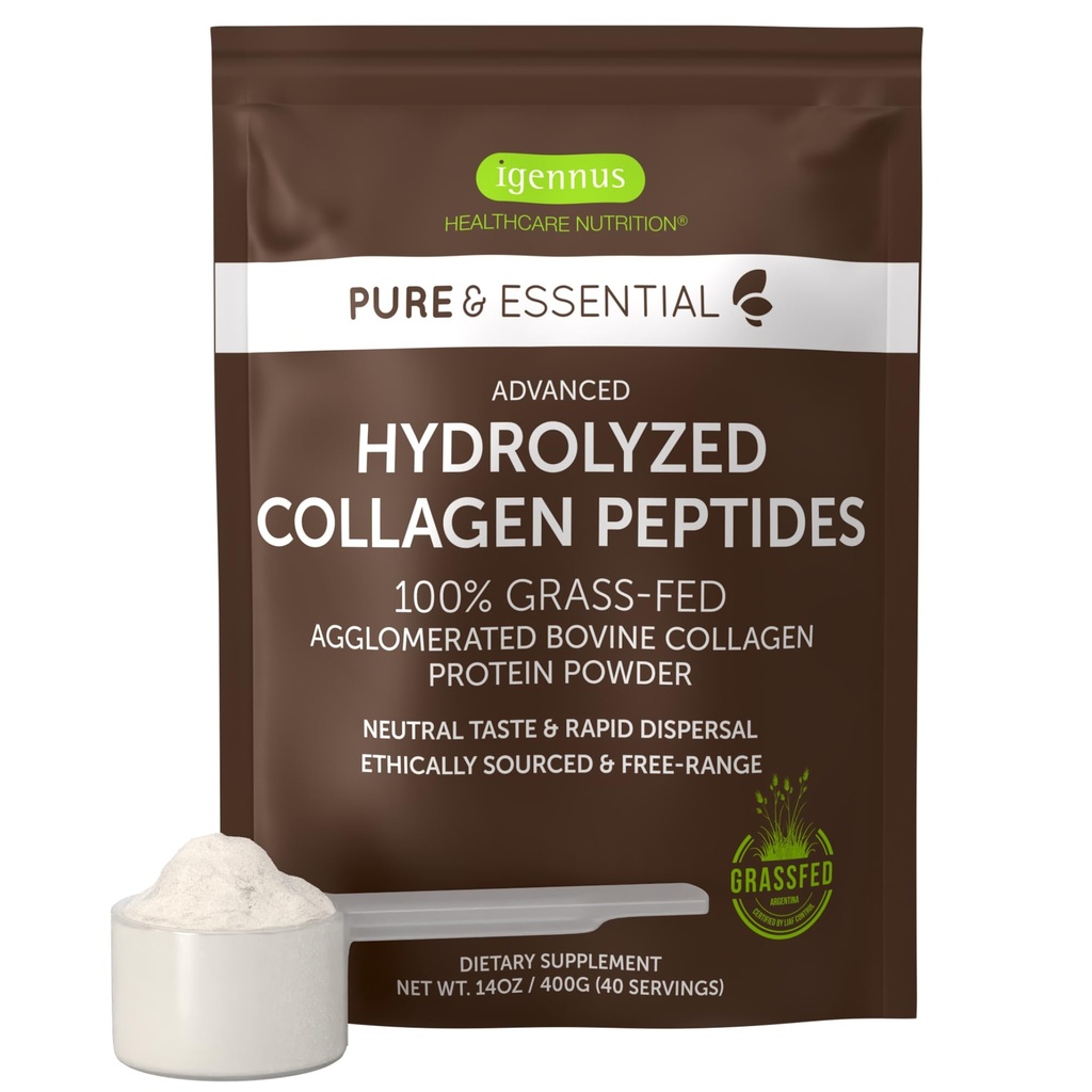 Igennus Free Range Grass Fed Hydrolyzed Bovine Collagen Peptides, Neutral Taste, 100% Highest Grade Bovine Collagen Protein Powder, Types 1, 2 & 3, Clean Label, Non-GMO, Free Range, 40 Servings