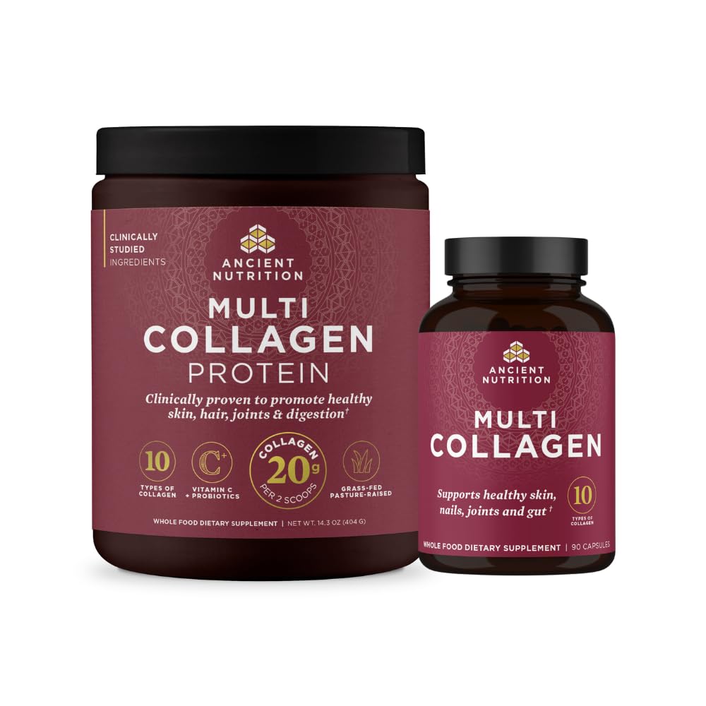 Ancient Nutrition Multi Collagen Peptides Protein Powder, Unflavored, 40 Servings + Multi Collagen Peptides Protein Capsules, 45 Count
