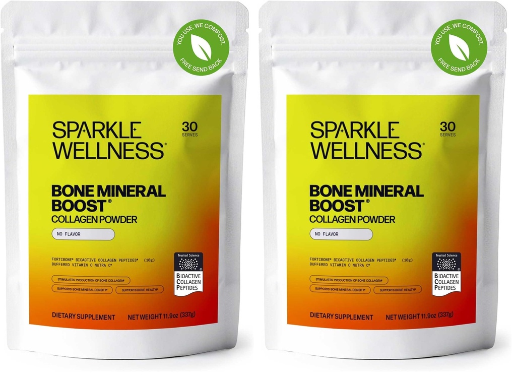 Sparkle Wellness FORTIBONE Bioactive Collagen Peptides | Collagen Powder Supplement with Nutra C Buffered Vitamin C for Bone Health | Bone Mineral Boost (No Flavor) [30 Serves] (Pack of 2)