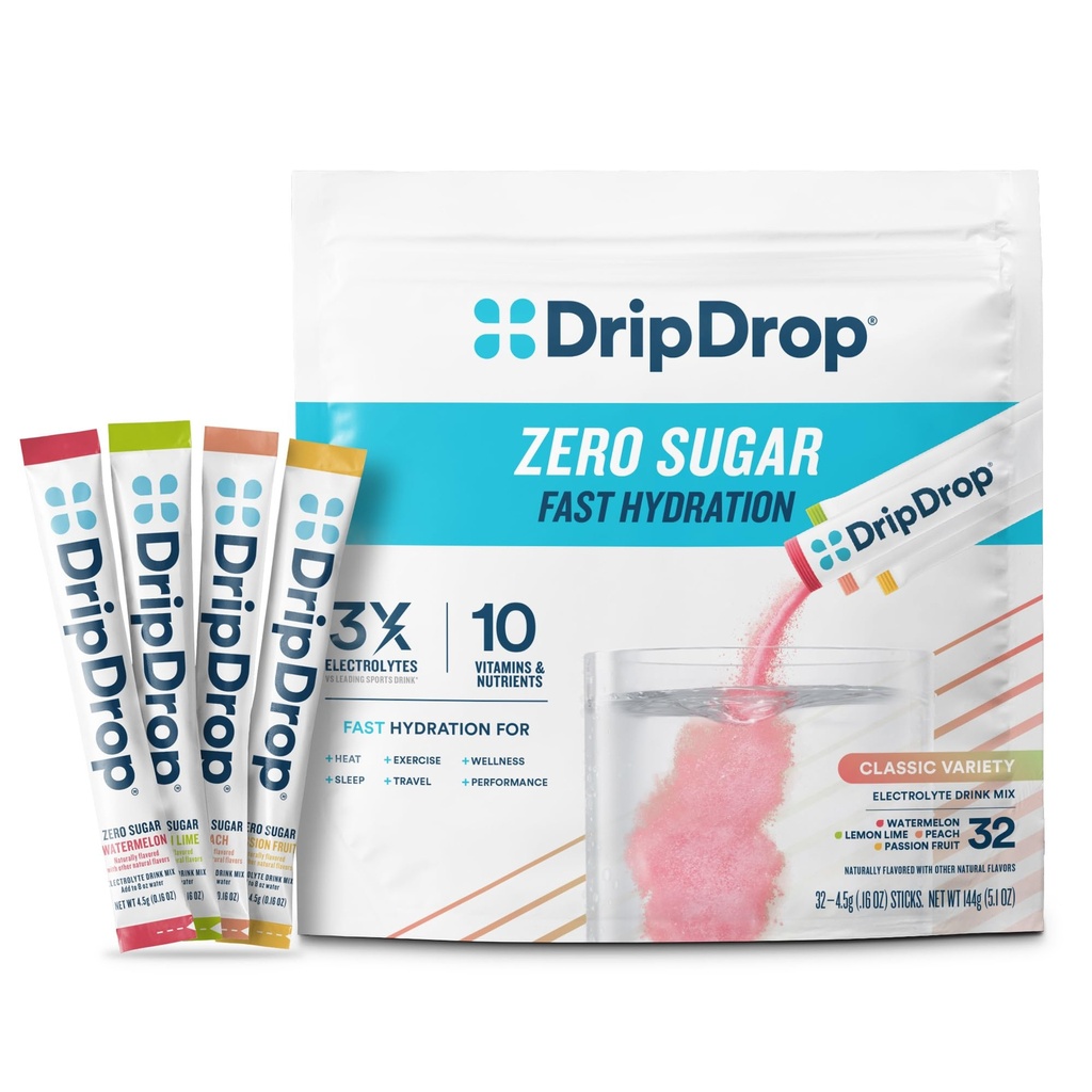 DripDrop Sugar Free Hydration Packets - Zero Classic Variety Pack - Single Serve Electrolytes Powder Drink Mix - Lemon Lime, Watermeloen, Peach, Passion Fruit - Non-GMO, Glutenvrij, Veganistisch - 32 Sticks