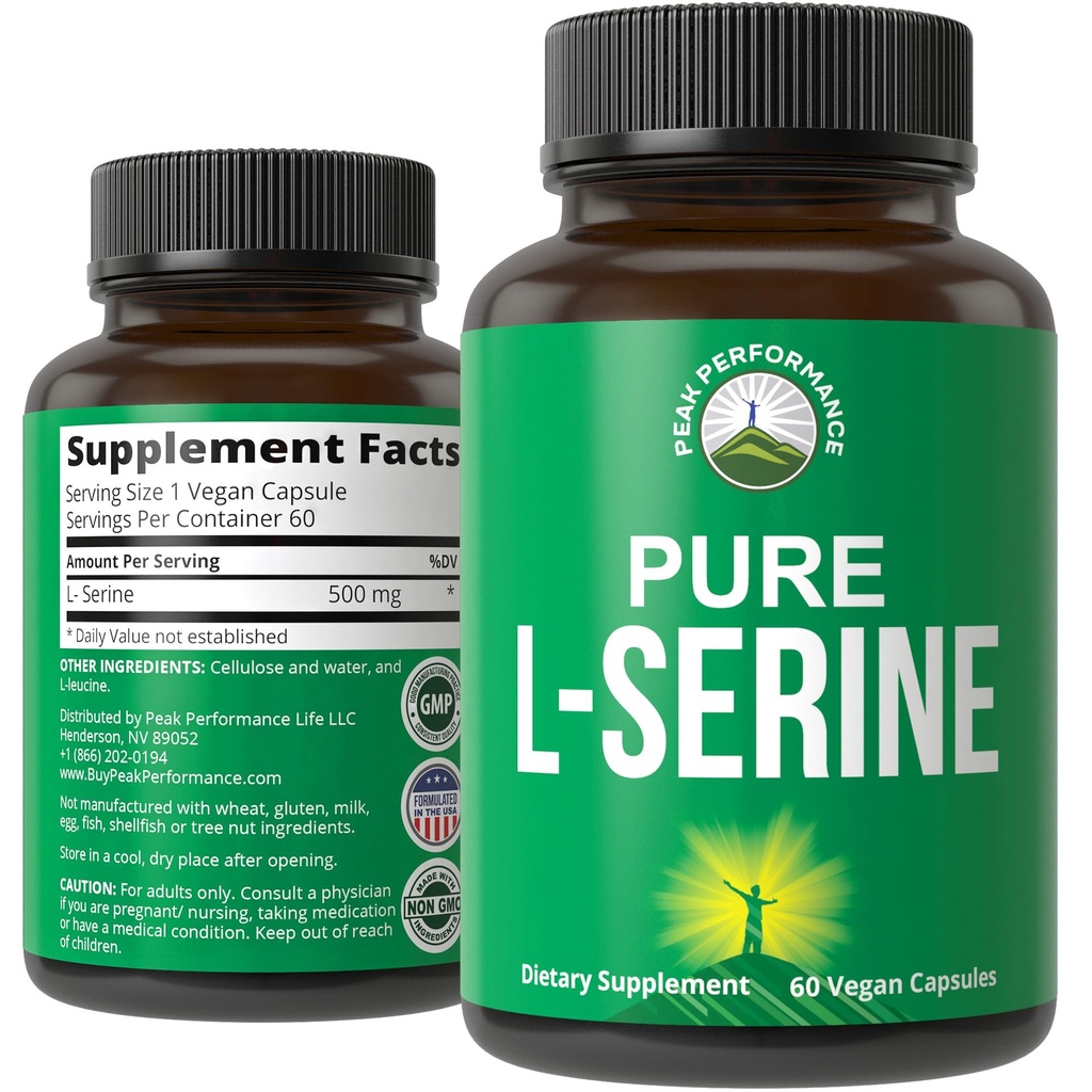 Peak Performance L-Serine Capsules 500mg Best Brain and Nootropic Amino Acids for Production of L-Cystine, L-Tryptophan and Serotonin - USA Grade Pills - Gluten Free, Non-GMO Supplement - 60 Servings