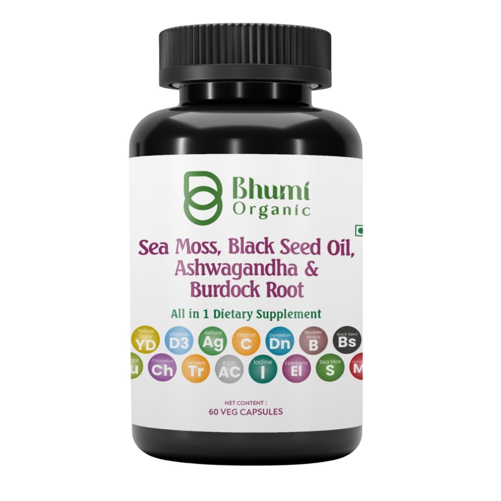 Sea Moss Black Seed Oil Ashwagandha Turmeric Bladderwrack Burdock & Vitamin C Vitamin D3 with Elderberry Manuka Dandelion Yellow Dock Iodine Chlorophyll ACV