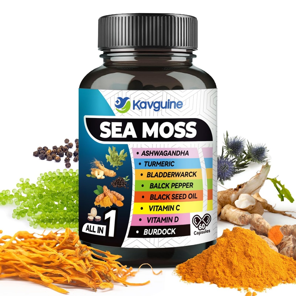 9 in 1-Sea Moss Black Seed Oil Ashwagandha Ginger Bladderwrack Burdock Root Vitamin C Vitamin D3 Black Pepper Fruit Extract, Extra Strength 60 Capsules