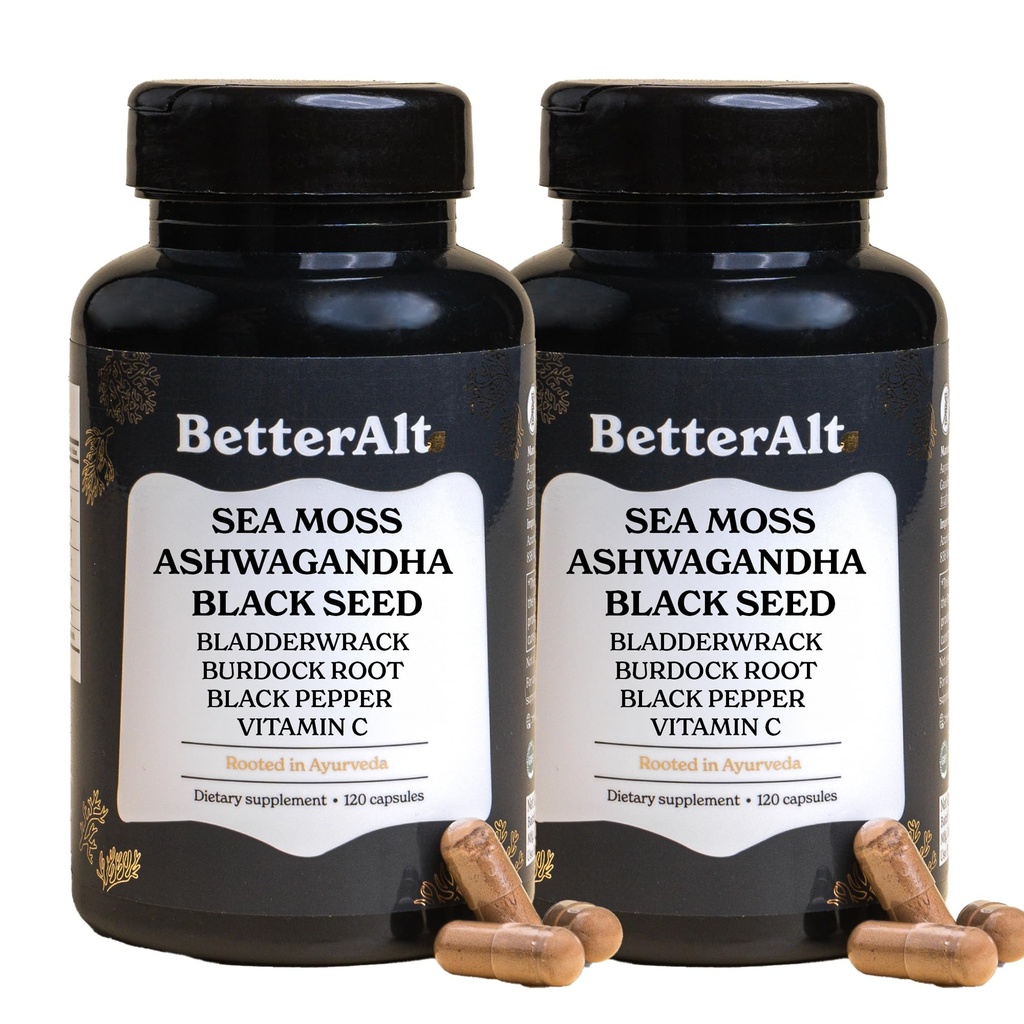 3000mg Iris Sea Moss, 2000mg Black Seed Oil, 1000mg Ashwagandha, 1000mg Burdrock Root, 1000 mg Bladderwrack with Black Pepper & Vitamin C |Vitality & Energy Support | All-in-one supplement| Pack of 2