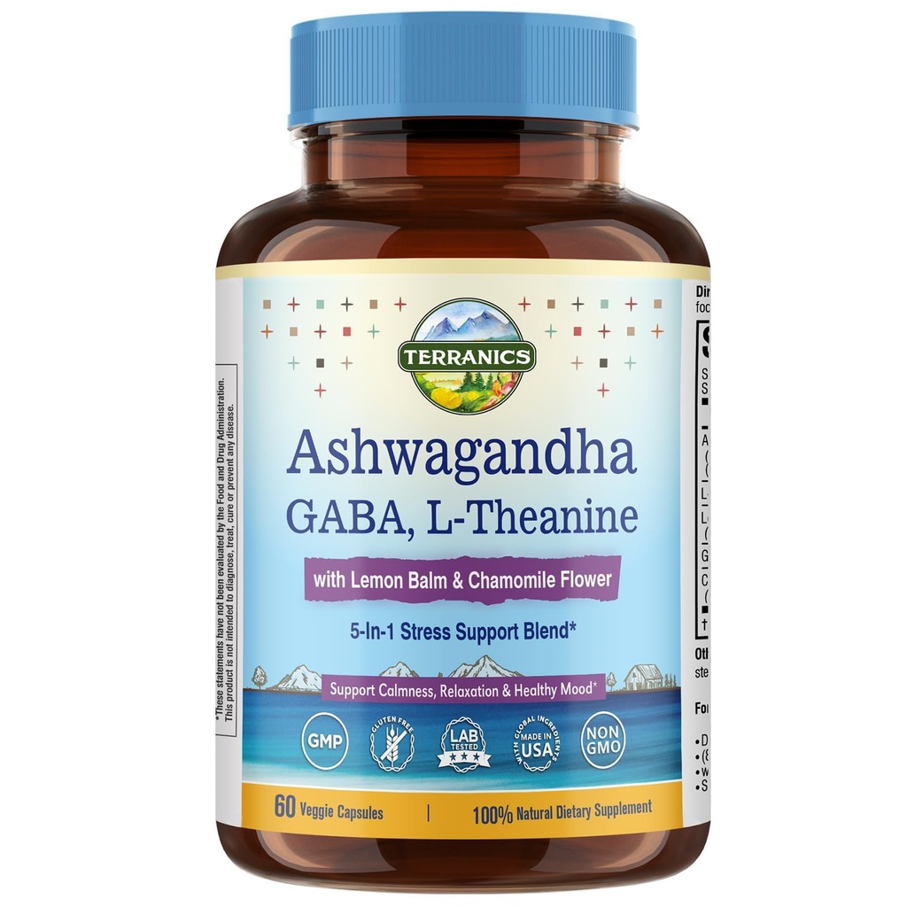 Terranics Ashwagandha L-Theanine Supplement for Stress Relief, Combined with GABA, Lemon Balm, Chamomile Flower Extract, Non-GMO, Stay Calm & Relaxed, Boost Cognitive Function, 60 Vegan Capsules