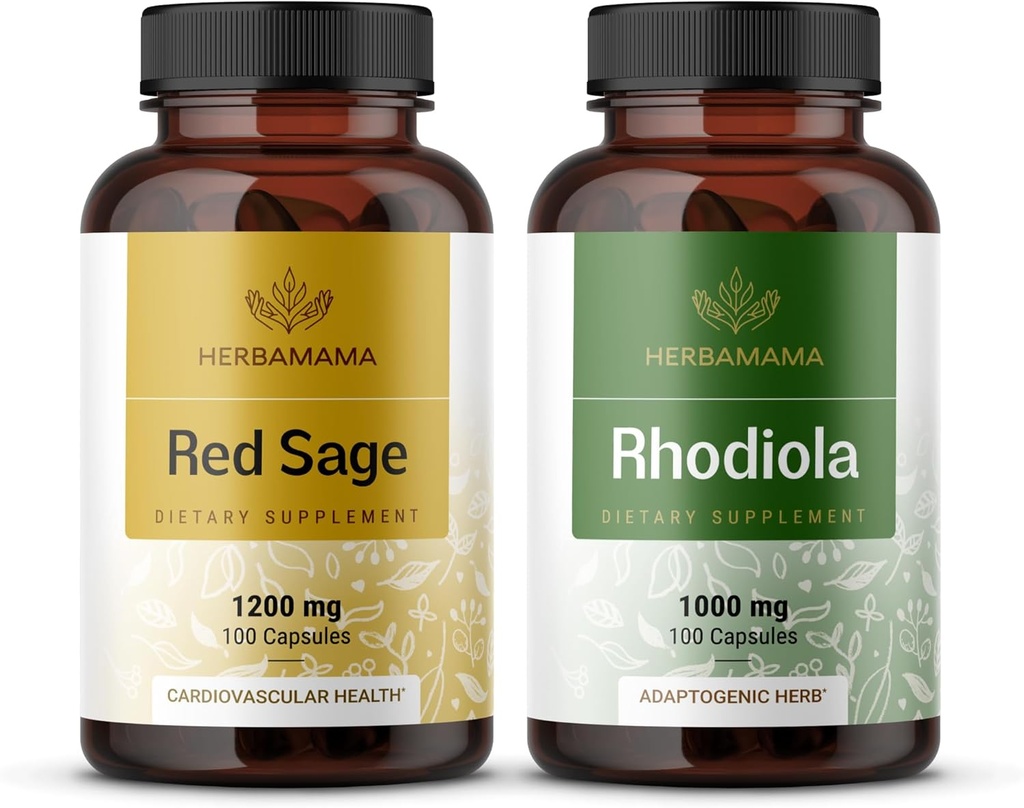 HERBAMAMA Red Sage and Rhodiola Kit - bundel van 1200 mg Red Sage Dan Shen & 1000 mg Rhodiola Rosea Capsules - Vegan, Non-GMO, Sugar & Gelatine-Free - 2 Pack