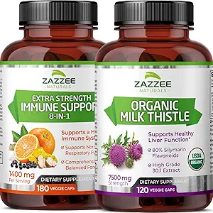 Zazzee USDA Organic Milk Thistle Extract Capsules en Extra Sterkte 8-in-1 Immune Support Capsules