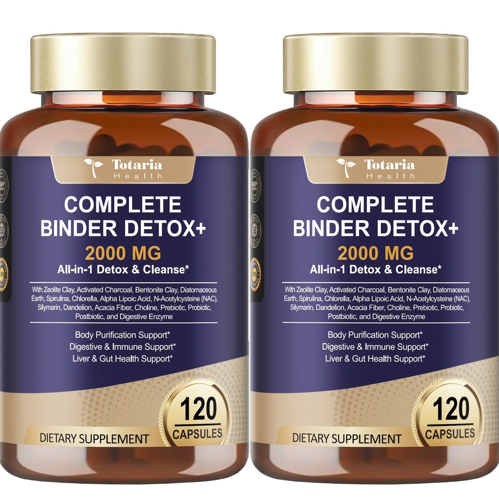 2Pack 2000MG Complete Binder Detox+ Activated Charcoal, Zeolite, Bentonite Clay, NAC, Milk Thistle, Probiotic, All-in-1 Detox & Cleanse Supplement, Liver & Gut Support, 240 Capsules