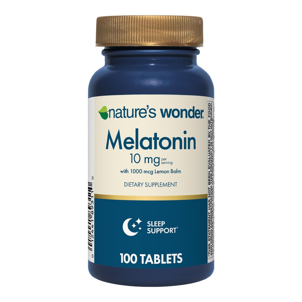 Nature's Wonder Drug-Free Melatonin 10 mg with Lemon Balm Tablets for Adult Sleep Health, 100% Drug Free Sleep aid, Promote Healthy Sleep and Wake rhythym and Patterns
