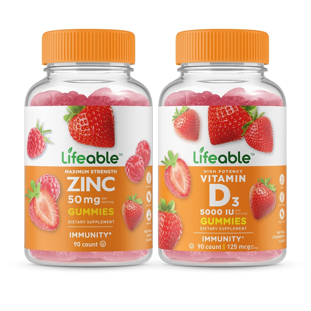 Levensvatbaar Zink 50mg + Vitamine D 5000 IE, Gummies Bundle - Geweldig proeven, Vitaminesupplement, Glutenvrij, GGO-vrij, Kauwgom