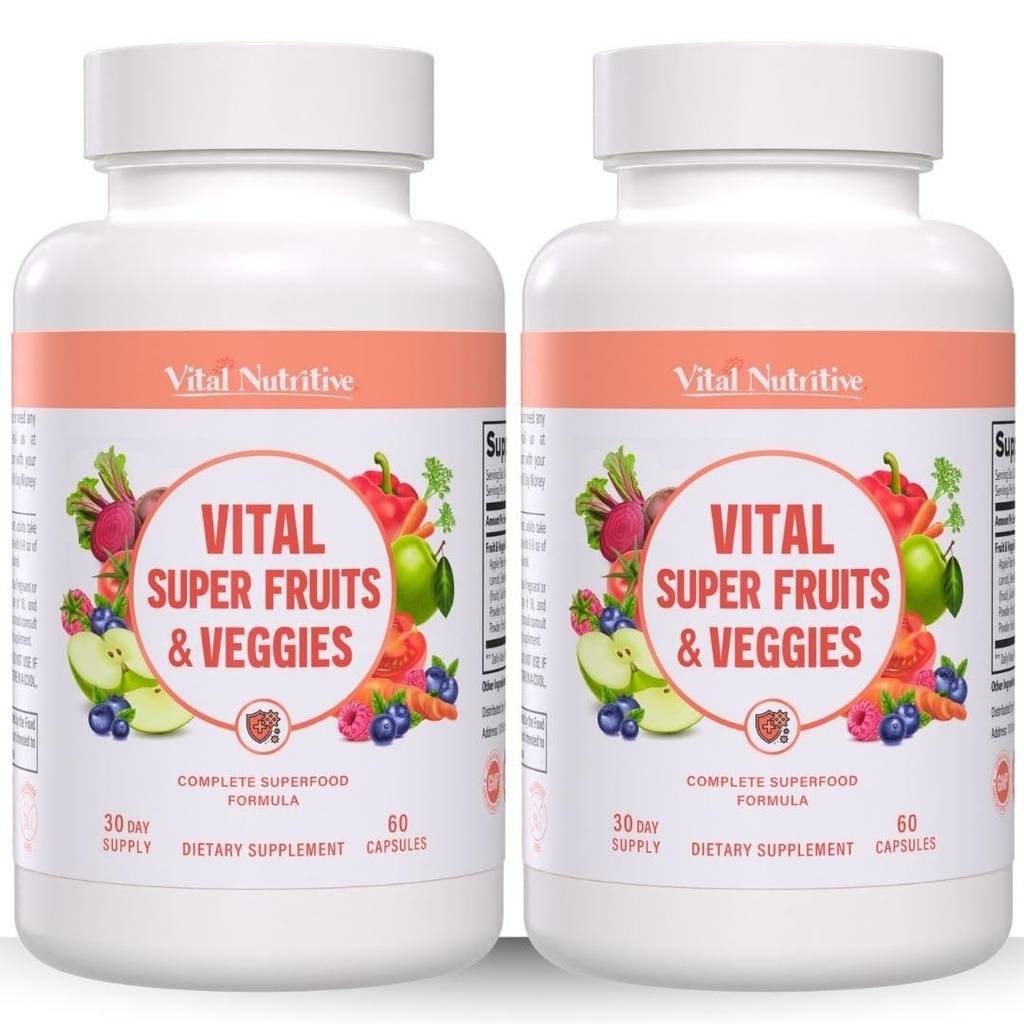 Vital Super Fruits & Veggies - Daily Superfood Capsules for Adults - Fruit & Vegetable Supplements to Boost Immunity & Energy - 2-in-1 Formula for Overall Wellness
