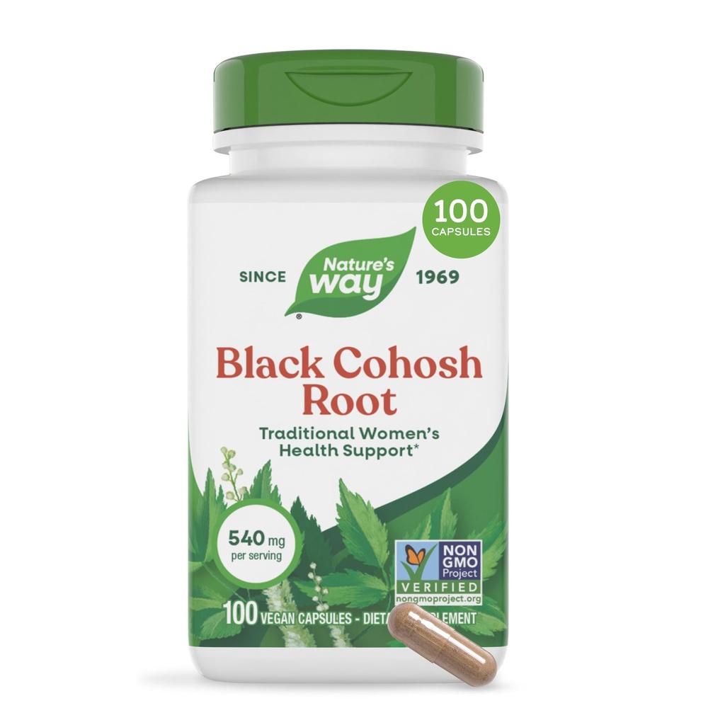 Nature's Way Black Cohosh Root, traditionele ondersteuning voor de gezondheid van vrouwen*, 540 mg per portie, niet-GMO Project geverifieerd, 100 capsules