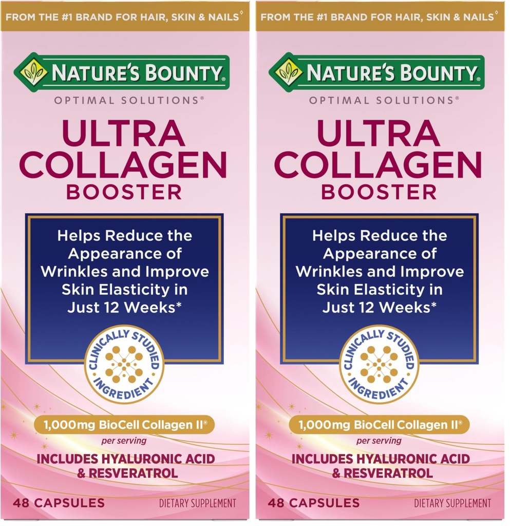 Nature's Bounty Optimal Solutions Ultra Collagen Booster for Healthy-Aging Supplement, Resveratrol, Hyaluronic Acid – Collagen Capsules for Women, 48 Capsules (Pack of 2)