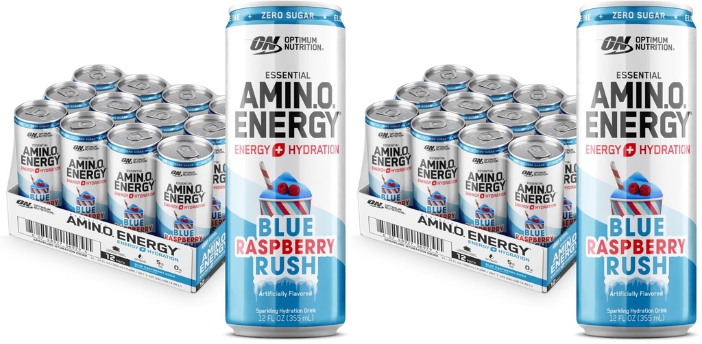 Optimum Nutrition Amino Energy Sparkling Hydration Drink,Electrolytes,Caffeine,Amino Acids,BCAAs,Sugar Free,NEW Blue Raspberry Rush,12 Fl Oz,(Packaging May Vary),12 Count (Pack of 2)