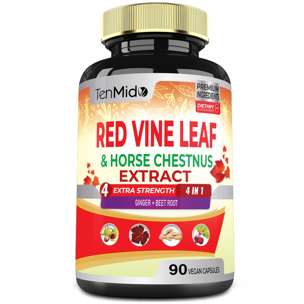 Red Vine Leaf Extract Capsules - with Horse Chestnut, Beetwortel, Gember - Herbal Supplement for Heart, Leg Vein & Energy - 90 Vegan Capsules for 45 Days