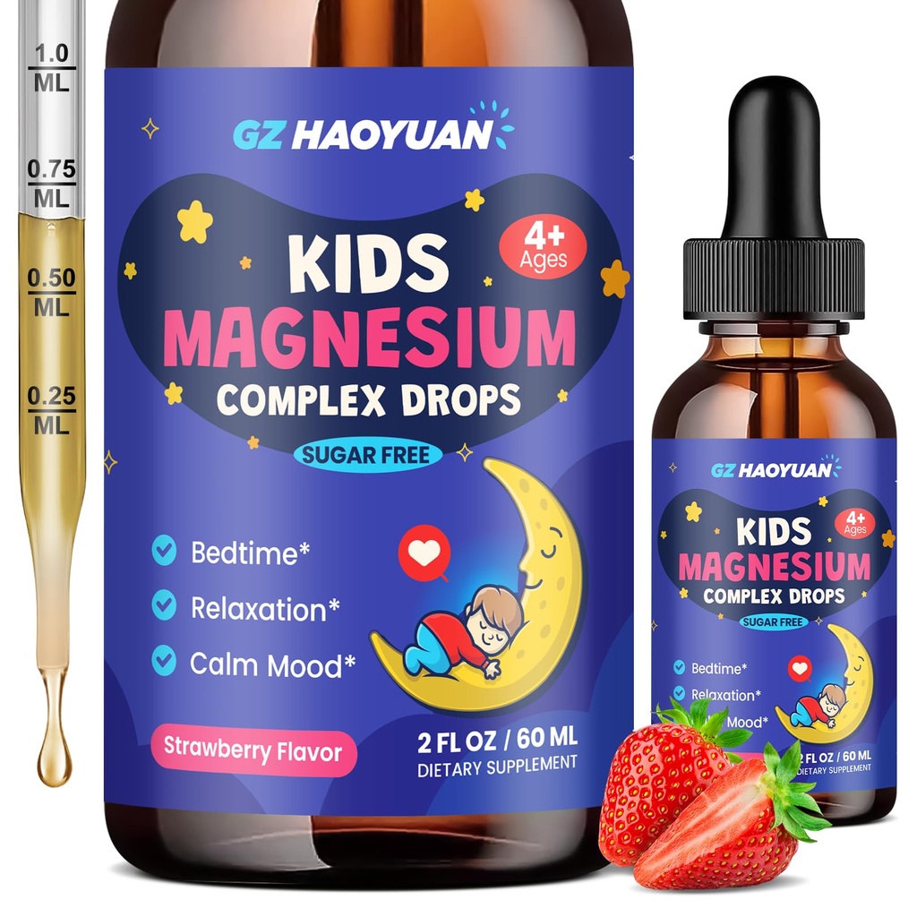 Kids Magnesium Liquid Drops - Magnesium Glycinate Drops for Kids, Citrate Liquid with L-theanine, Chamomile & Vitamin B6 for Sleep, Relaxation, Calm & Focus - Strawberry Flavor, 2 Fl Oz