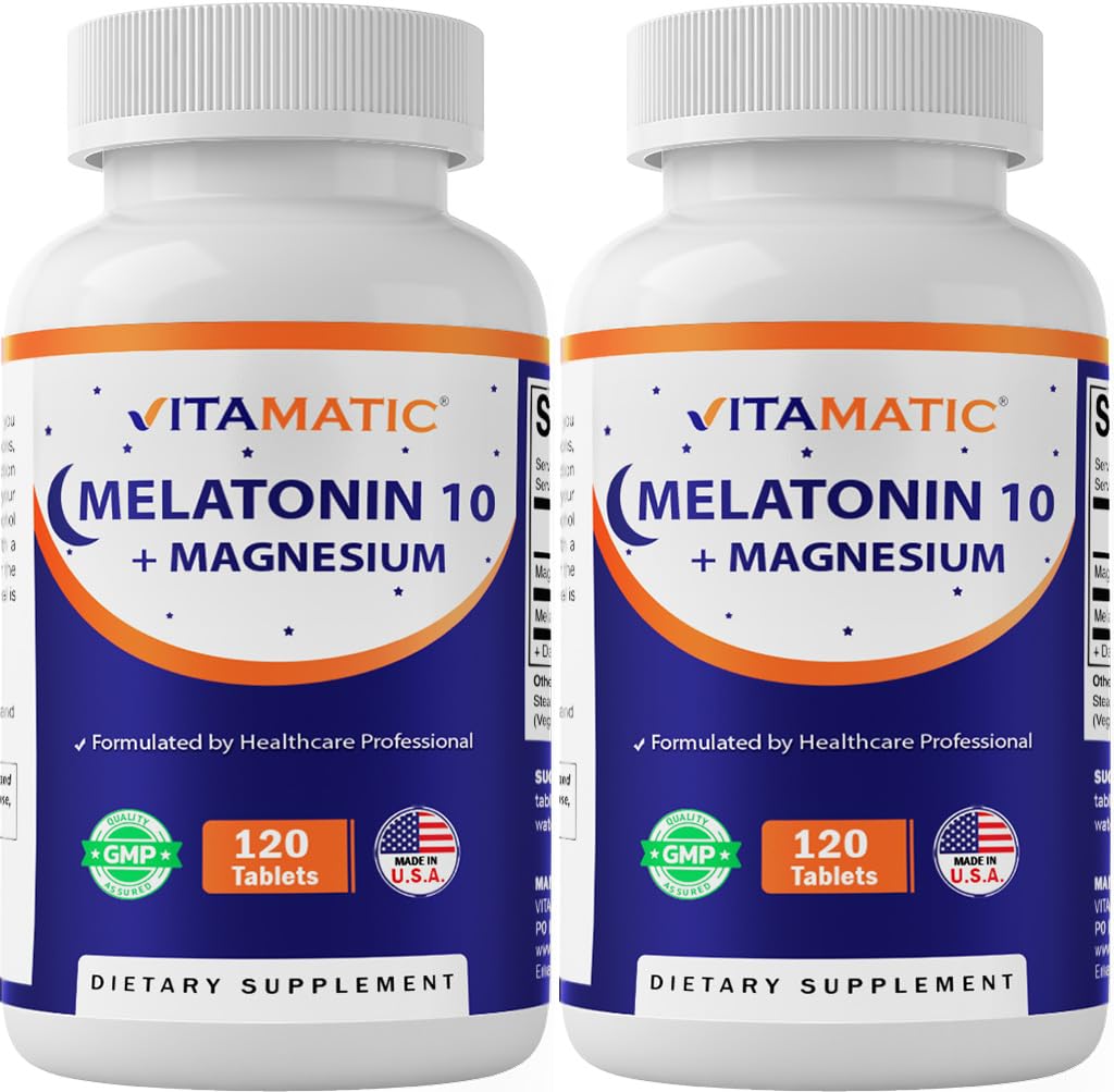 Vitamatic Melatonin 10 mg with Magnesium 200 mg 120 Tablets - High Potency Sleep Support Supplement, Non-GMO, Sugar-Free, No Artificial Colors or Preservatives - 2 Pack