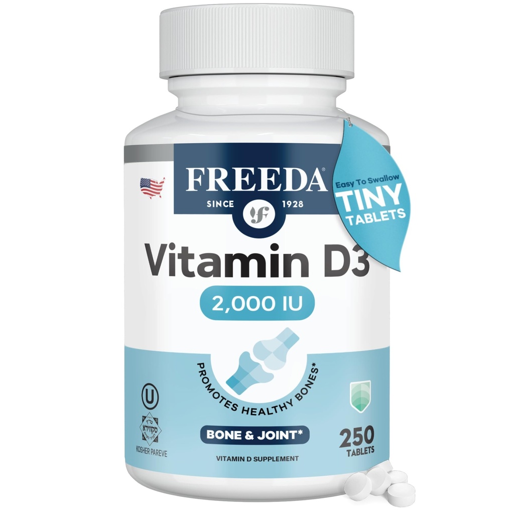 FREEDA Pure Vitamin D3 2000 IU – Moderate Strength – Bone Health, Joint, Muscle & Immune Support – VIT D3 Vitamin D Supplement for Women & Men – 50 mcg 2,000 IU Easy-to-Swallow (250 Tiny Tablets)