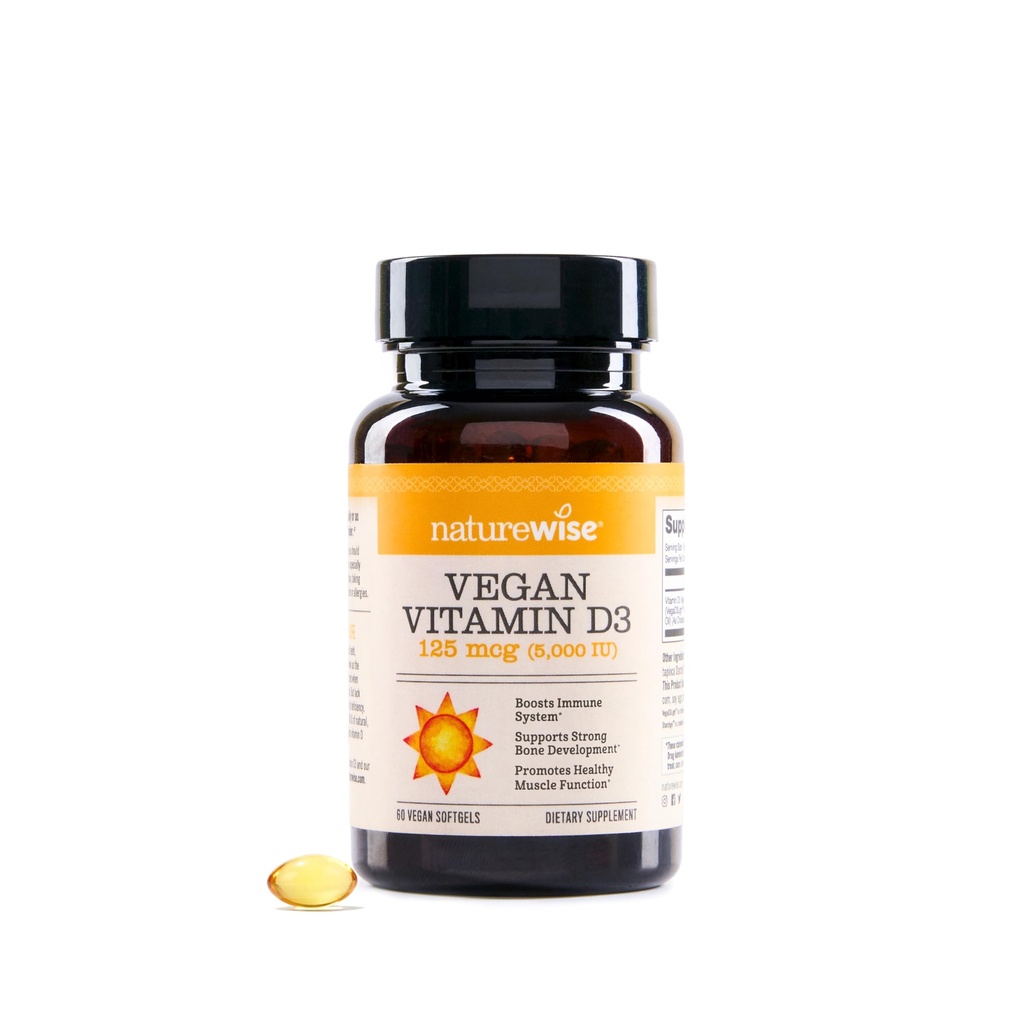 NatureWise Vegan Vitamin D3 5000iu (125 mcg) D3 from Lichen - Supports Immune, Muscle, Bone Health - High Absorption with Organic Cold-Pressed Olive Oil - Non-GMO - 60 Softgels[2-Month Supply]