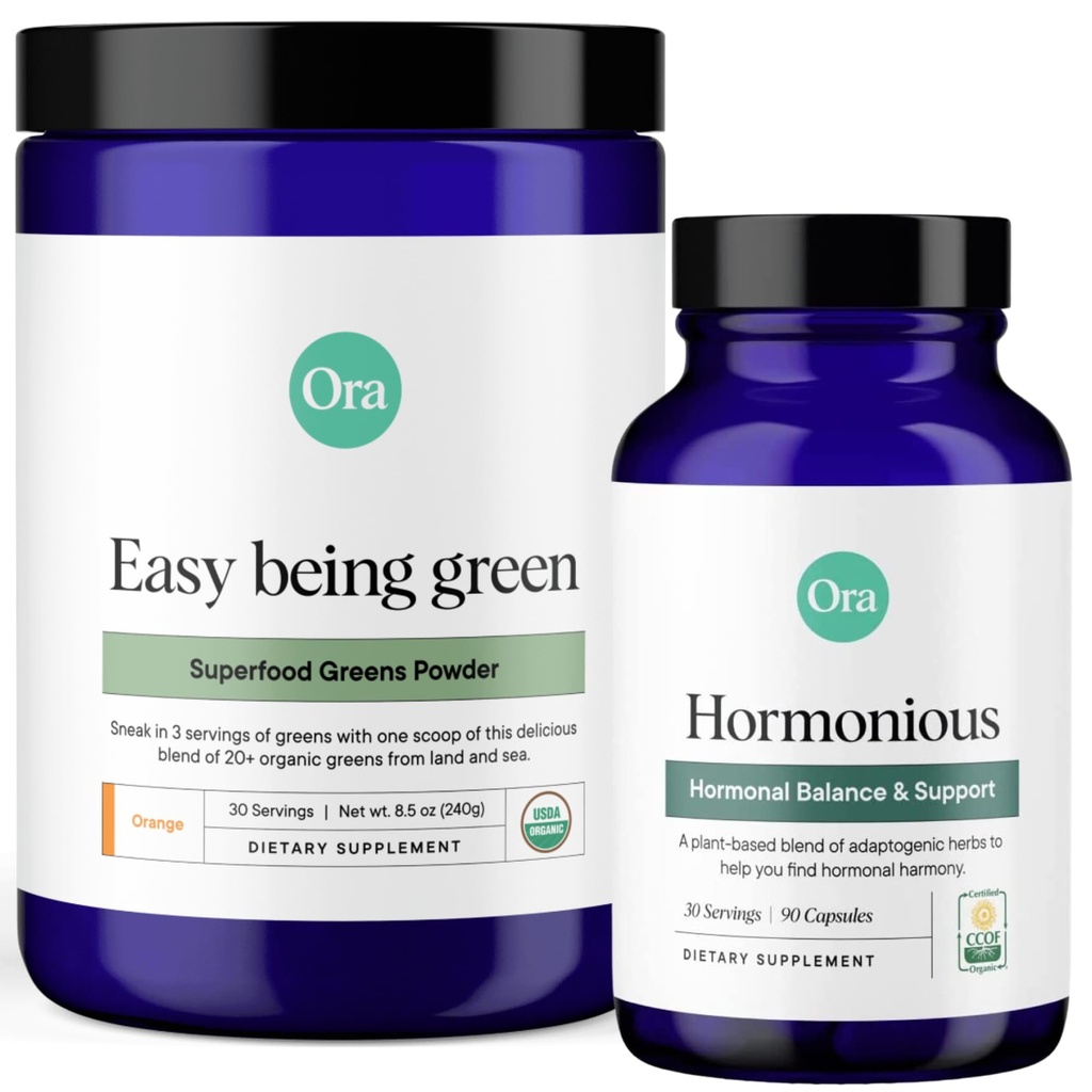 Ora Organic Hormone Balance & Greens Powder Bundle: Support Skin, Mood, Energy, Cordyceps & Acerola Cherry + 20+ Superfood Greens Blend - Citrus Flavor, 30 Servings