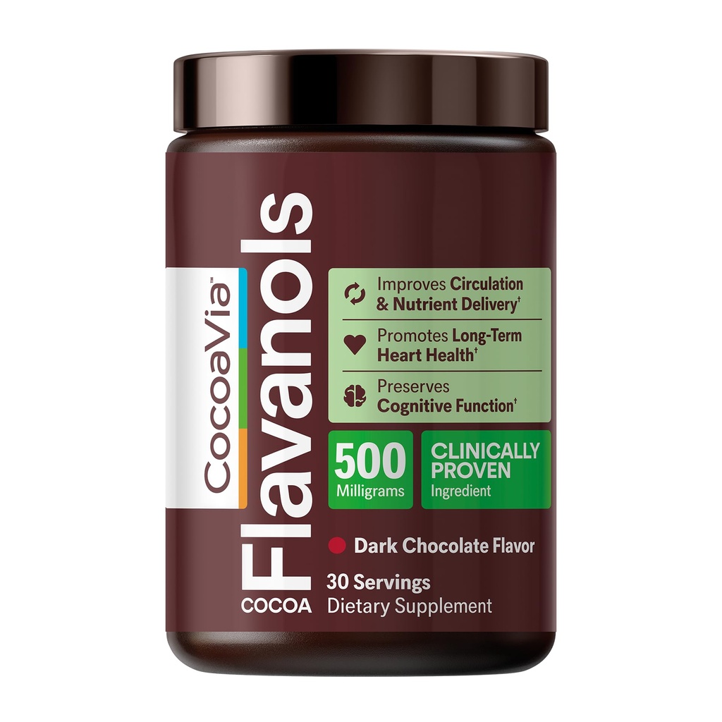 CacaoVia Cardio Health Cacaopoeder, 30 porties, 500mg Cacao Flavanols, Ondersteuning Heart Health, Boost Nitric Oxide, Verbeter Circulatie, Energie, Voorwerk, Vegan, Dark Chocolate Cacao