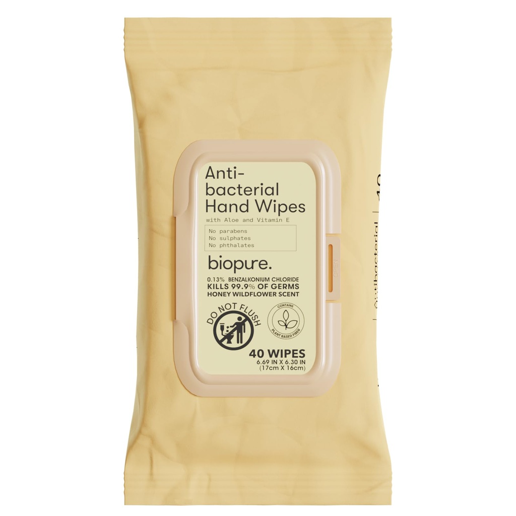 Biopure Antibacterial Hand Wipes - Antibacterial Wipes With Aloe and Vitamin E | 6.69 x 6.3 in Antibacterial Wet Wipes |No Parabens, Sulfates or Phthalates, Kills 99.9% of Germs Honey Wildflower 40 Ct