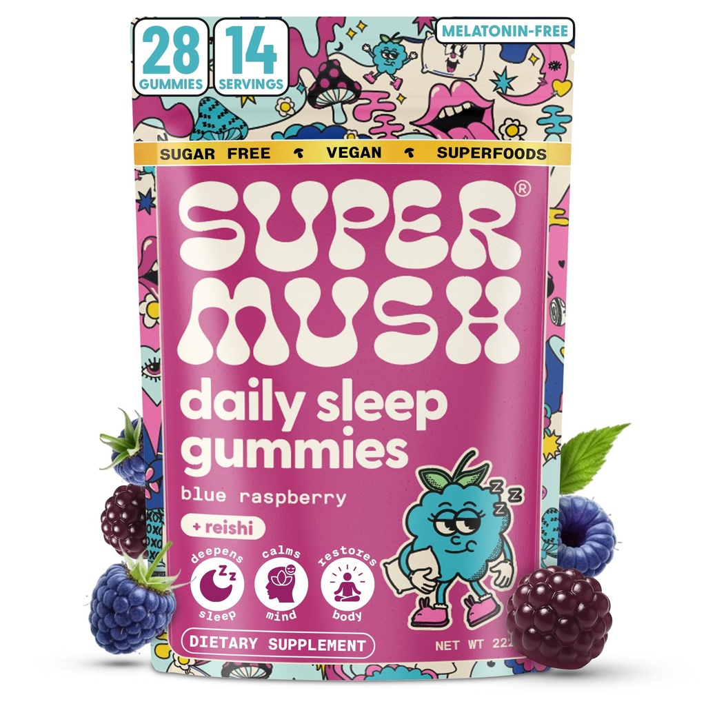 SuperMush Sleep Gummies for Adults - Mushroom Supplement with Magnesium Citrate, L-Theanine, Chaga, Reishi & Chamomile for Deep Sleep, REM & Detox - Vegan & Sugar-Free - 28 Gummies (14 Servings)