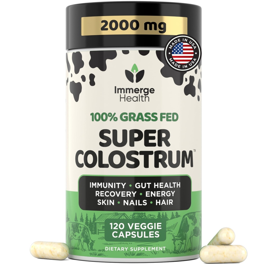 Immerge Health Super Colostrum Capsules - 120 Count High IgG Bovine Supplement for Gut Health, Hair Growth, Bloating & Immunity - 100% Grass Fed First Milking, Tasteless & Travel Friendly, USA Made