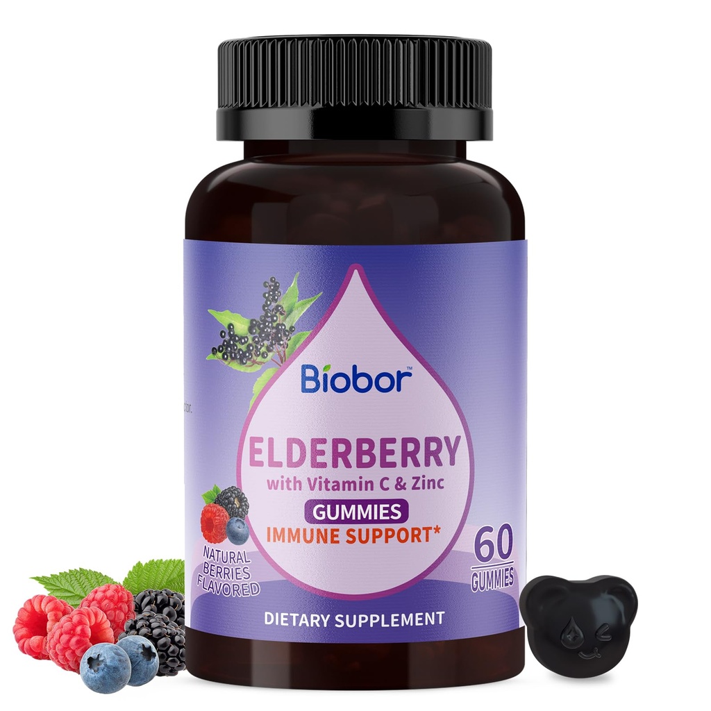 Natuurlijke zwarte vlierbessen Gummies 150mg, vlierbessenfruitextract met vitamine C en zink, Herbal ElderCraft® Gummies Dagelijks Immune Ondersteuning voor kinderen en volwassenen, 60 Tellen