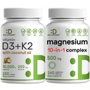 DEAL SUPPLEMENT Vitamin D3 10,000iu + K2 200mcg Softgels & Magnesium Complex Veggie Capsules Bundle – Essential Sunshine Vitamins with Coconut Oil – High Absorption Chelated Minerals, 10-in-1