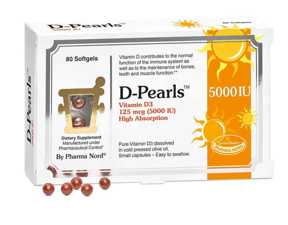 Pharma Nord D-Pearls 5000 iu (125 mcg) High Potency Vitamin D3 – High Absorption Mini Softgels in Organic Olive Oil, Immune, Bone, & Muscle Support, Non-GMO, Gluten-Free, 80 Count