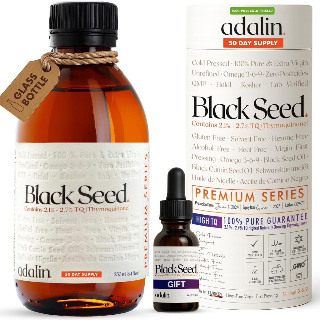 adalin Black Seed Oil Liquid 8.4 fl oz | Nigella Sativa Seed Oil | High Thymoquinone | Cold Pressed | Glass Bottle | Blackseed | Vegan | Gluten Free
