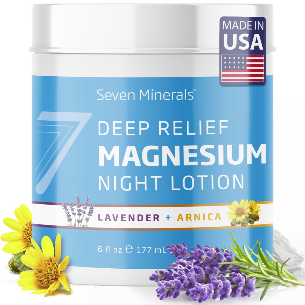 Seven Minerals Deep Relief Magnesium Night Lotion - Lavender + Arnica Cream for Deep Sleep & Muscle Relief - Calms Legs, Soothes Sore Back, Neck & Shoulders - USP Grade, Made in USA, 6 Fl Oz