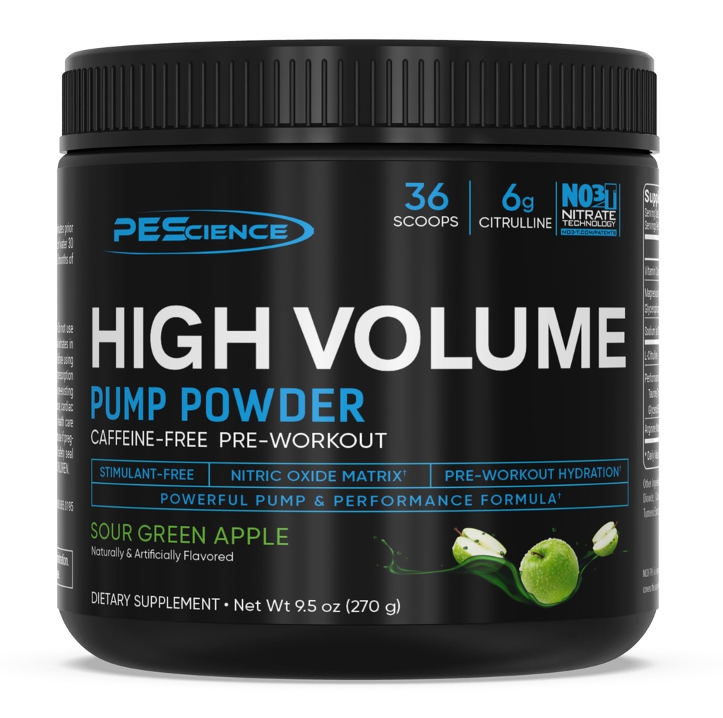 PEScience High Volume Stim-Free Pre Workout, Nitric Oxide Booster with L-Citrulline & L-Arginine Nitrate, Non-Stim Preworkout for Men and Women - 36 Scoops, Sour Green Apple