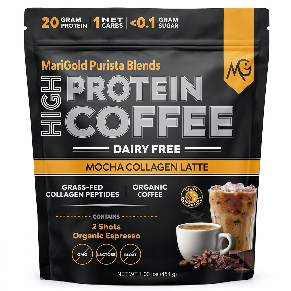 MariGold High Protein Collagen Coffee - Mocha Collagen Latte, Dairy Free, 20g Grass-Fed Type I & III Collagen Peptides, Energy Boost, 2 Shots Organic Espresso, Non-GMO, 1 Lb Bag, 15 Servings