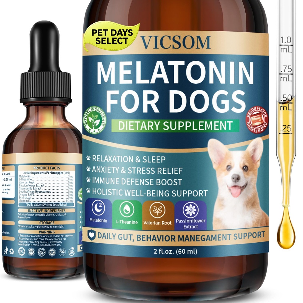 Liquid Melatonin for Dogs, Dog Melatonin with L-Theanine for Small Medium Large Dog Sleep Aid, Stress & Anxiety Relief, Calm Aid for Dogs Puppies, Support Relaxation & Deep Sleep, 60ml