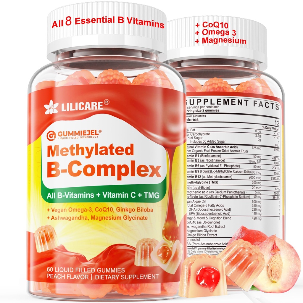 Super Methylated Vitamin B Complex Gummies - All B Vitaminen + Omega-3, Magnesium, CoQ10, Ashwagandha, Vitamin C, TMG- For Women Men- Methyl B12 2000 mcg, Methylfolaat, B1,B2, B3,B5,B6,B7- Suikervrij