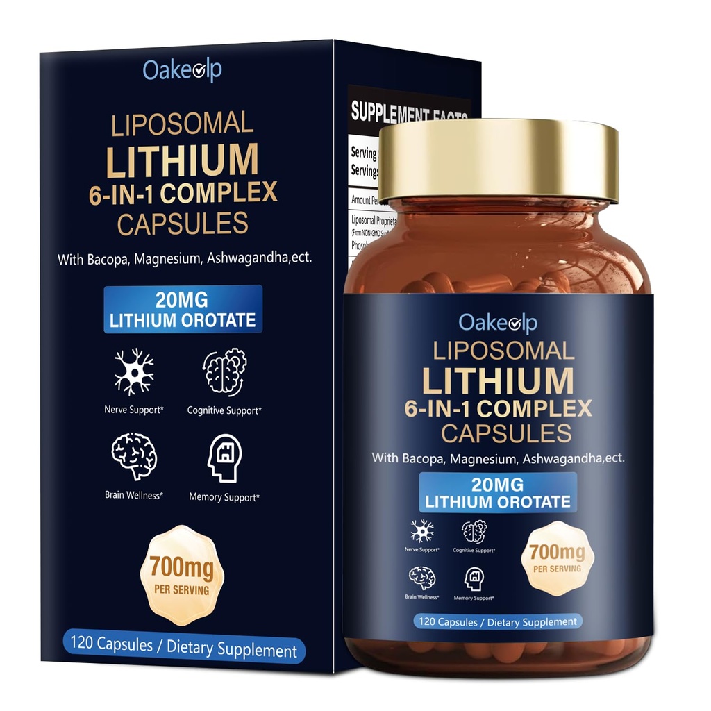 Liposomal Lithium Orotate 20MG Capsules - Complex Magnesium Glycinate,Lions Mane, Bacopa, Phosphatidylserine & Ashwagandha, for Mood & Immune Support, Digestive System Support