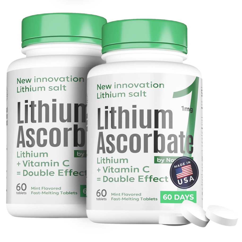 Lithium Ascorbate 1mg with Vitamin C – Brain Supplement for Focus, Memory, Mood & Stress Support – Cognitive Enhancer – 60 Tablets + Bonus Lithium Orotate (120 Tablets)